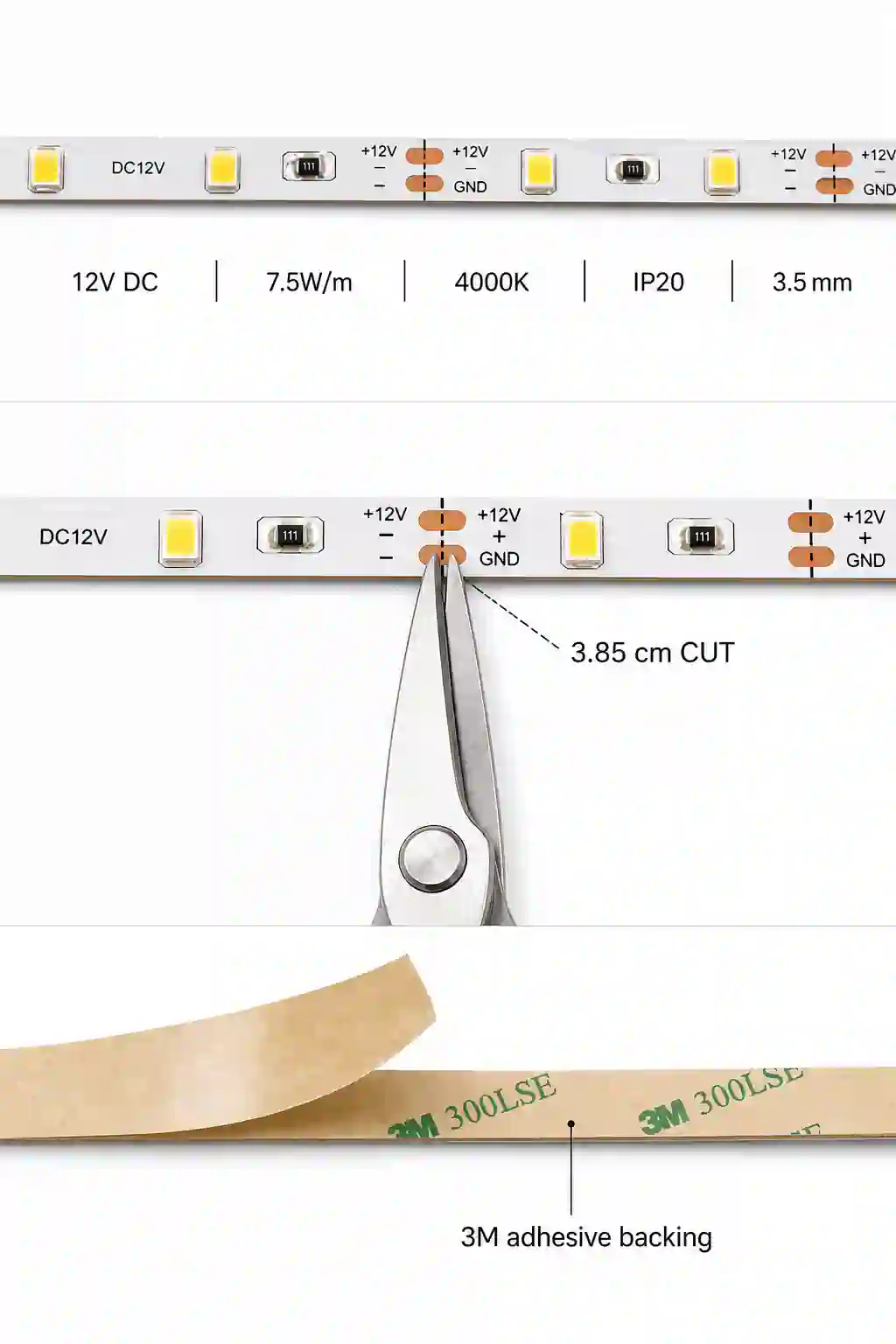 Technický detail LED pásku 3,5mm s dělením každých 3,85cm
